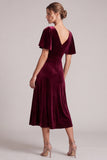 A Line Burgundy Flutter Sleeve Midi Velvet Dress
