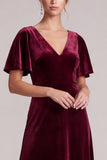 A Line Burgundy Flutter Sleeve Midi Velvet Dress