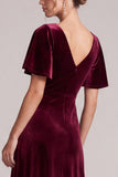 A Line Burgundy Flutter Sleeve Midi Velvet Dress