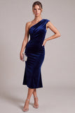 One Shoulder Mermaid Navy Midi Velvet Dress