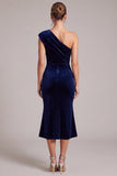 One Shoulder Mermaid Navy Midi Velvet Dress