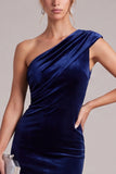 One Shoulder Mermaid Navy Midi Velvet Dress