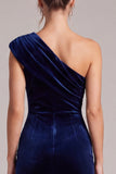One Shoulder Mermaid Navy Midi Velvet Dress