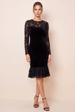 Mermaid Lace Black Midi Velvet Dress With Long Sleeves