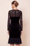 Mermaid Lace Black Midi Velvet Dress With Long Sleeves
