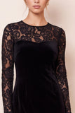 Mermaid Lace Black Midi Velvet Dress With Long Sleeves