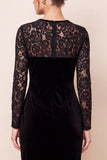 Mermaid Lace Black Midi Velvet Dress With Long Sleeves