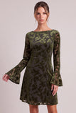 Floral Olive A Line Mini Velvet Dress With Long Sleeves
