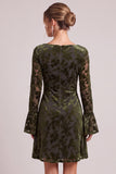 Floral Olive A Line Mini Velvet Dress With Long Sleeves