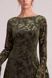 Floral Olive A Line Mini Velvet Dress With Long Sleeves