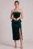Strapless Sheath Dark Green Midi Velvet Dress With Slit