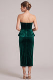 Strapless Sheath Dark Green Midi Velvet Dress With Slit
