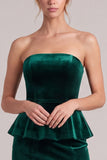 Strapless Sheath Dark Green Midi Velvet Dress With Slit
