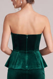 Strapless Sheath Dark Green Midi Velvet Dress With Slit