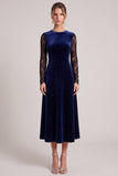 A line Lace Navy Midi Velvet Dress With Long Sleeves