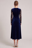 A line Lace Navy Midi Velvet Dress With Long Sleeves