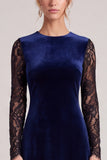 A line Lace Navy Midi Velvet Dress With Long Sleeves