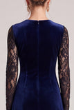 A line Lace Navy Midi Velvet Dress With Long Sleeves