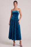 Strapless A Line Peacock Blue Midi Velvet Dress