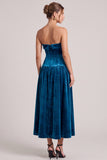 Strapless A Line Peacock Blue Midi Velvet Dress