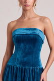 Strapless A Line Peacock Blue Midi Velvet Dress