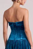 Strapless A Line Peacock Blue Midi Velvet Dress