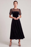 A Line Black Short Sleeve Midi Velvet Dress