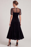 A Line Black Short Sleeve Midi Velvet Dress