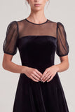 A Line Black Short Sleeve Midi Velvet Dress