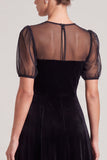 A Line Black Short Sleeve Midi Velvet Dress