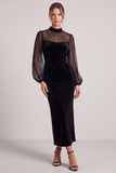 Sheath Black Midi Velvet Dress With Long Sleeves