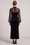 Sheath Black Midi Velvet Dress With Long Sleeves