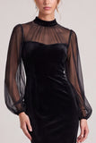 Sheath Black Midi Velvet Dress With Long Sleeves