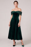 Off The Shoulder Dark Green A Line Midi Velvet Dress