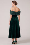 Off The Shoulder Dark Green A Line Midi Velvet Dress