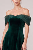 Off The Shoulder Dark Green A Line Midi Velvet Dress