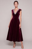 Burgundy V-Neck A Line Midi Velvet Dress With Rhinestone