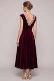 Burgundy V-Neck A Line Midi Velvet Dress With Rhinestone