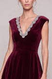 Burgundy V-Neck A Line Midi Velvet Dress With Rhinestone