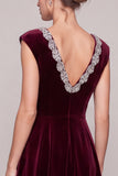 Burgundy V-Neck A Line Midi Velvet Dress With Rhinestone