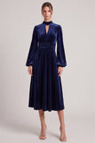 Long Sleeve A Line Navy Ruched Midi Velvet Dress