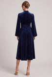 Long Sleeve A Line Navy Ruched Midi Velvet Dress