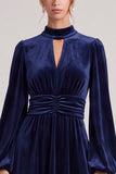 Long Sleeve A Line Navy Ruched Midi Velvet Dress