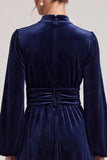 Long Sleeve A Line Navy Ruched Midi Velvet Dress
