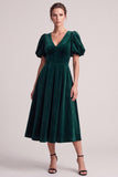 Dark Green A Line V-Neck Midi Velvet Dress With Puff Sleeves