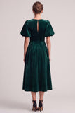 Dark Green A Line V-Neck Midi Velvet Dress With Puff Sleeves