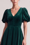 Dark Green A Line V-Neck Midi Velvet Dress With Puff Sleeves