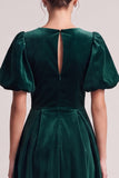 Dark Green A Line V-Neck Midi Velvet Dress With Puff Sleeves