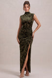 Floral Sheath High Neck Olive Maxi Velvet Dress With Slit