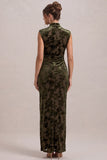 Floral Sheath High Neck Olive Maxi Velvet Dress With Slit
